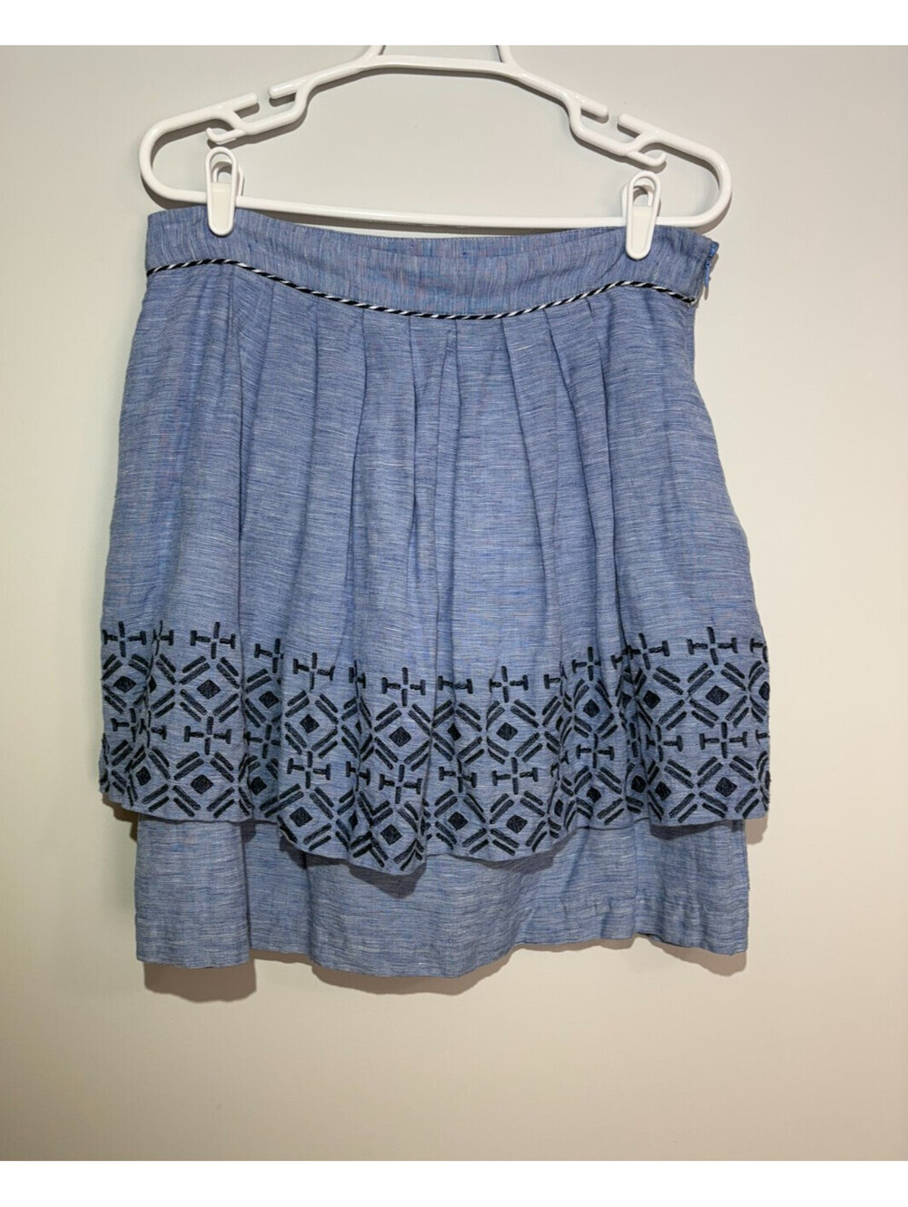 Odille Anthropologie Linen Blend Tiered Embroidered Alpine Dreams Chambray Sz 12